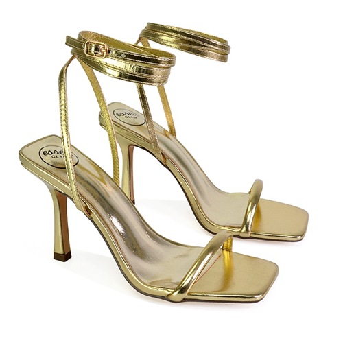 XY London Jolie Square Toe Lace Up Strappy Sandal Stiletto High Heels in Gold