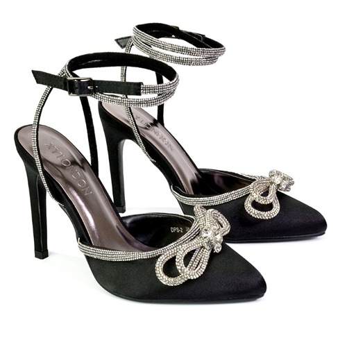 XY London Saxon Strappy Stiletto High Heels Online Court Shoes with Diamante Bow in Black